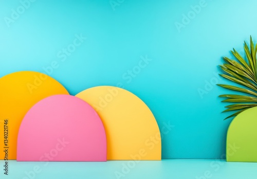 Pastel pink, yellow and green semicircular shapes on a light blue background, next to a green palm leaf. Minimalist summer composition.
