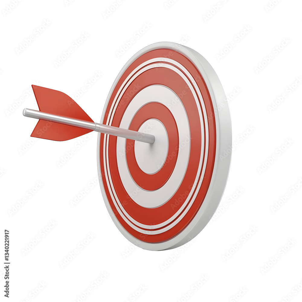 A red and white target icon with an arrow perfectly striking the bullseye in the center representing the attainment of goals business success and precise skill A red and white target icon with an arrow perfectly striking the bullseye in the center representing the attainment of goals business success and precise skill