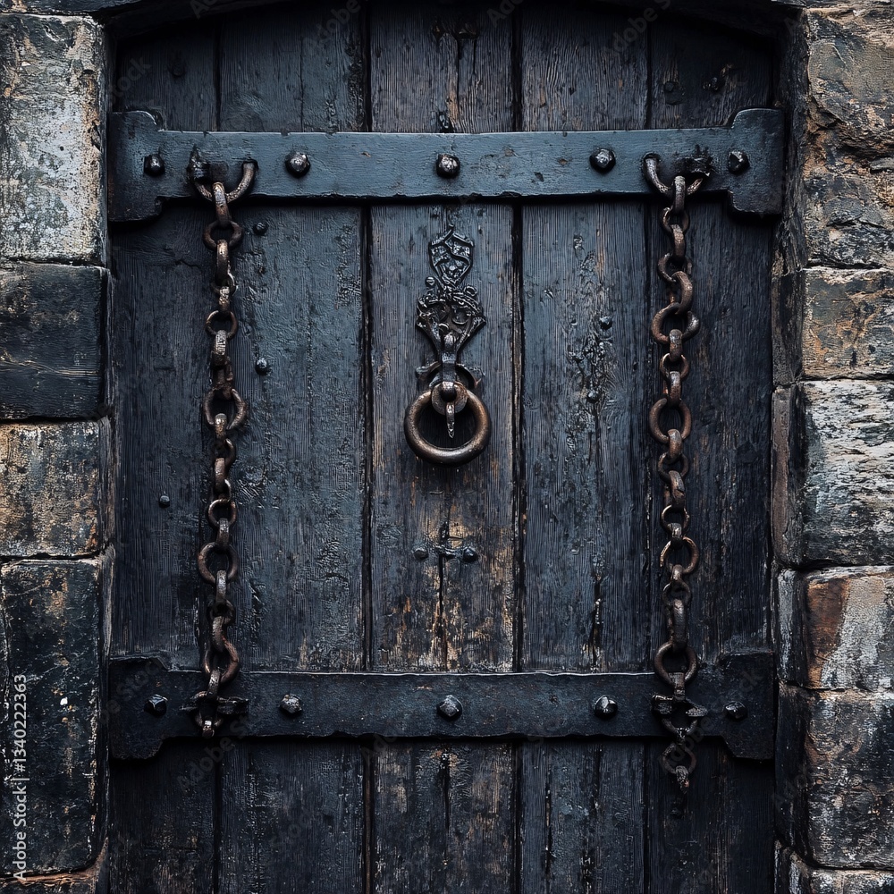 A medieval castle gate with chains and iron locks A medieval castle gate with chains and iron locks