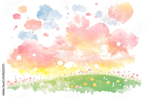Pastel Watercolor Landscape  Dreamy Sky  Flowers  Hill