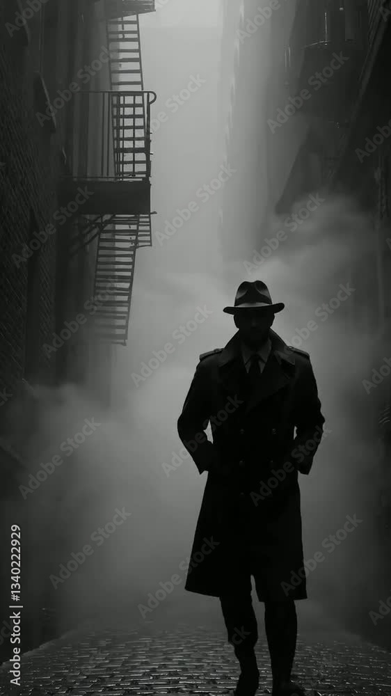 Mysterious figure walking through foggy alleyway in classic noir trench coat and hat Mysterious figure walking through foggy alleyway in classic noir trench coat and hat