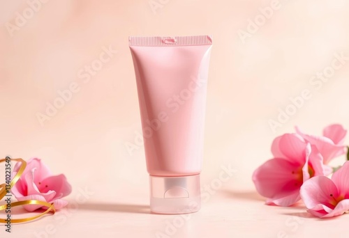 Soft pink facial wash tube, gold accents, pastel background, face, spa