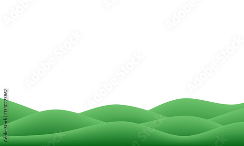 Green grass 3d wavy gradient. Grassy hill kid background. Vector spring pattern with sky and mountain, eco natural garden game floor. Cute cartoon summer field side view. Plasticine clay podium scene