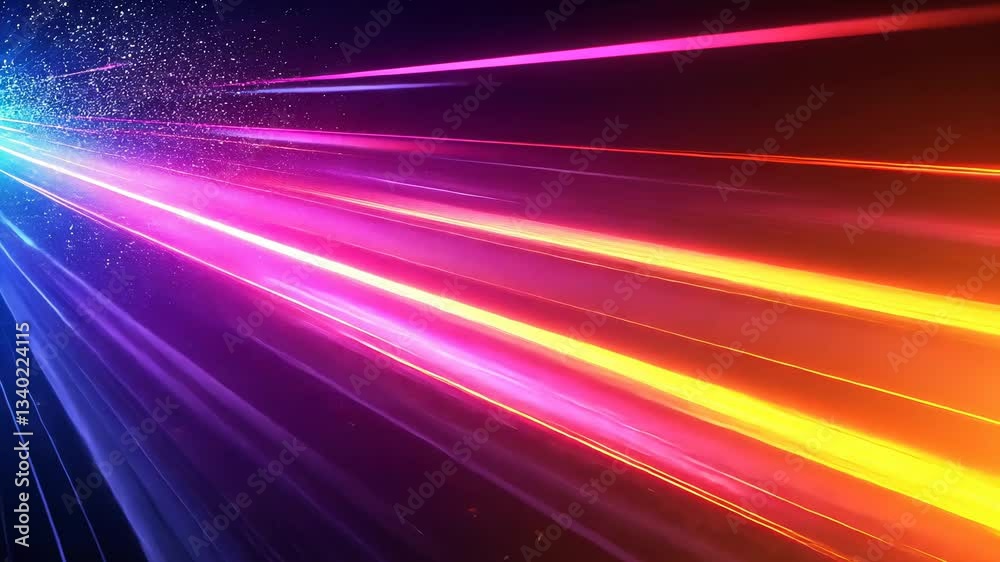 Abstract vibrant light streaks across a dark background. Particles and energy trails create dynamic movement