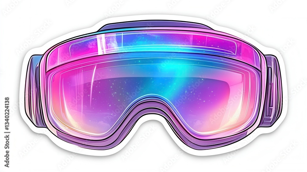 Pixel art illustration of vibrant pink and purple ski goggles reflecting a galaxy and aurora borealis. The design is outlined in dark pink and features a sticker like border. Pixel art illustration of vibrant pink and purple ski goggles reflecting a galaxy and aurora borealis. The design is outlined in dark pink and features a sticker like border.