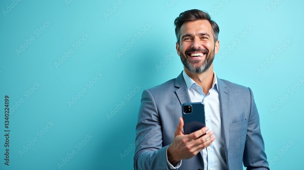 A businessman is smiling brightly while holding a phone in his hand.
A businessman is smiling brightly while holding a phone in his hand.