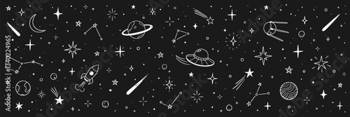 Space star vector kid background. Hand drawn doodle sketch style star space cute galaxy background. Hand drawn kid galaxy universe doodle pattern. Planet, rocket, moon element. Vector illustration.
