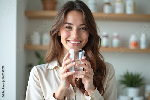 young woman drinking water in the kitchen