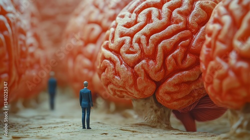 Miniature figure under a massive red brain, symbolizing human intelligence, complexity, and cognitive power, surreal depiction of the minds vast potential