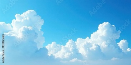 Cloudy sky with white fluffy clouds in a bright blue background , blue, outdoors, sky
