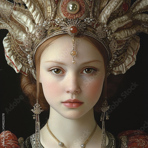 A medieval noblewoman wearing an intricate headdress