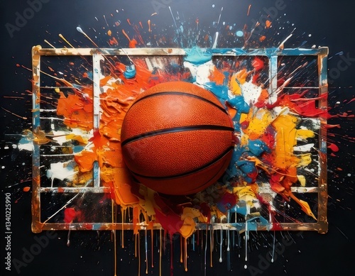 Creative basketball artwork featuring an orange ball amidst vibrant paint splashes on a dark background Generative AI
