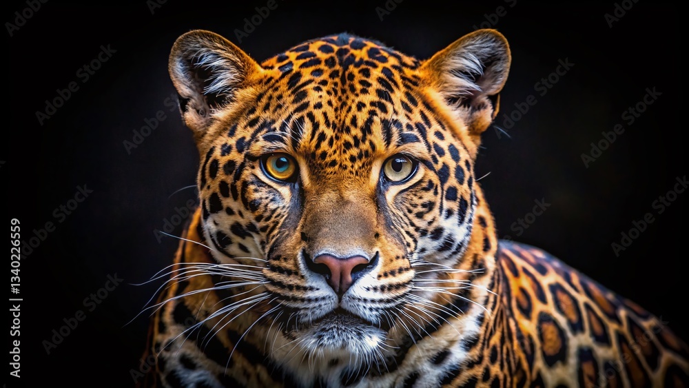 Obraz premium Intense Leopard Gaze: Wild Cat Portrait Against Black Background