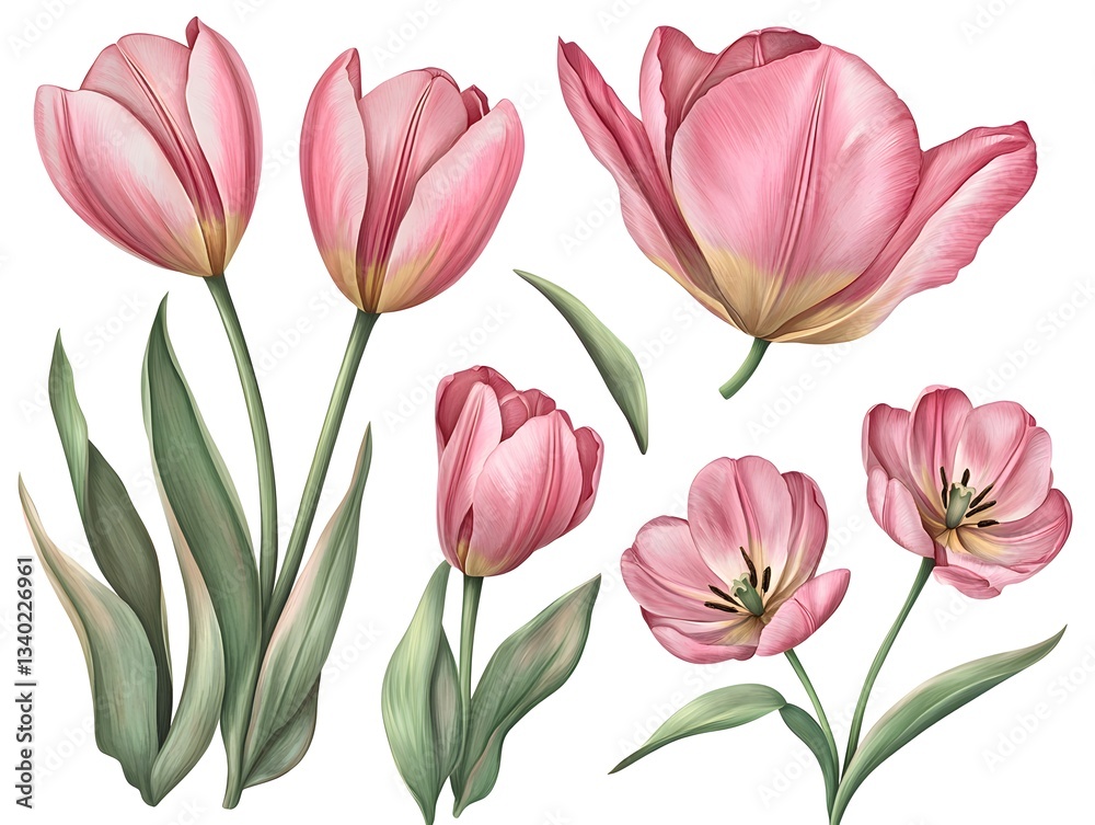 Pink Tulips Floral Botanical Illustration Spring Flowers Design Pink Tulips Floral Botanical Illustration Spring Flowers Design