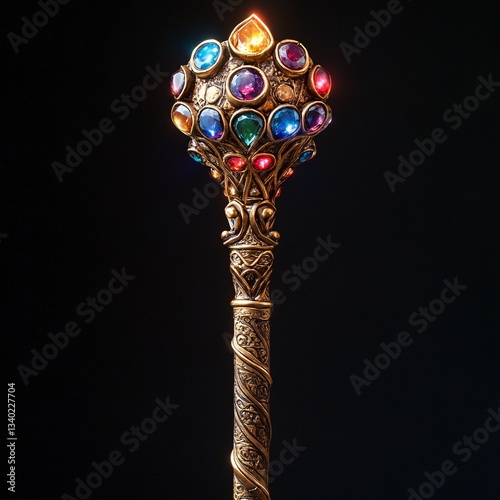 A medieval royal scepter with glowing gemstones