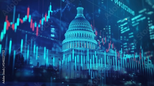 Capitol building with stock market graph symbolizes economic trends and government influence, 32k Resolution