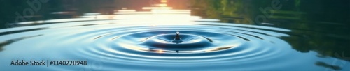 Calm lake scene with clear water drop and circular waves, calmness, ripples, reflection