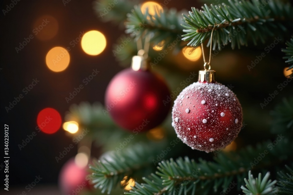 Blurred shiny string lights reflecting off frosty glass baubles on a decorated evergreen Christmas tree, sparkling ornaments, frosty glass Blurred shiny string lights reflecting off frosty glass baubles on a decorated evergreen Christmas tree, sparkling ornaments, frosty glass