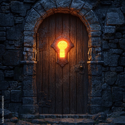 A medieval dungeon door with a glowing keyhole