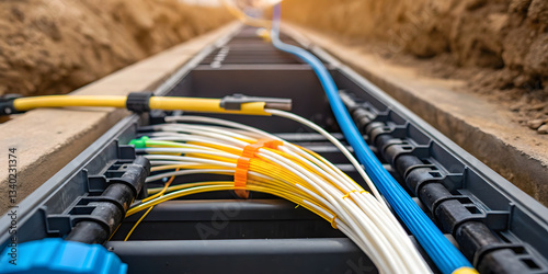 Concept of fiber optic in construction site. close up of fiber optic splicing in a trench