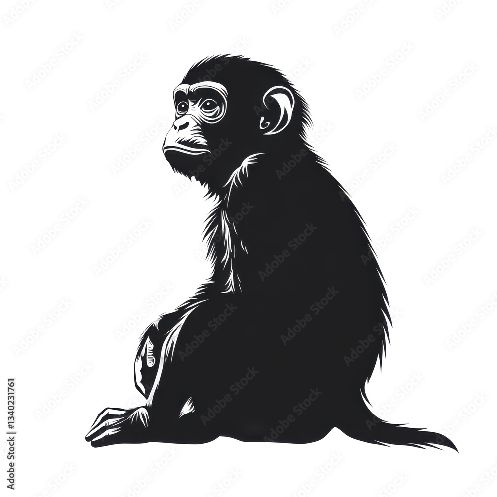 Fototapeta premium Silhouette of a monkey sitting wildlife illustration black art studio view