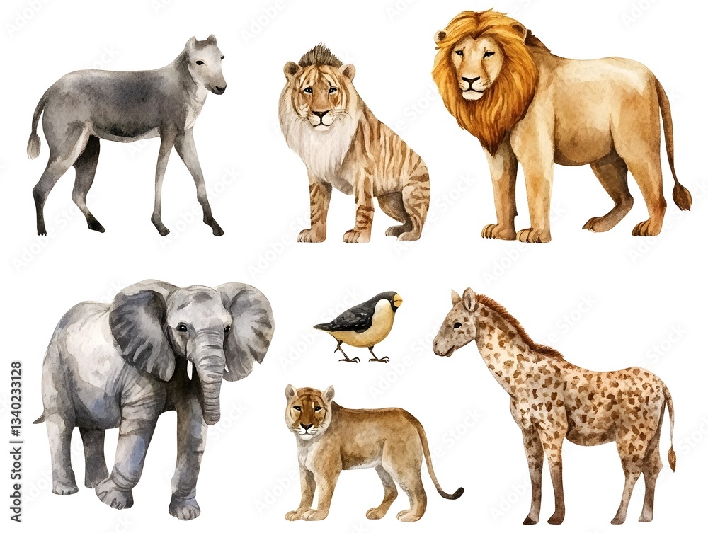 Naklejka premium Watercolor Safari Animals Lion Elephant Giraffe Zebra Bird