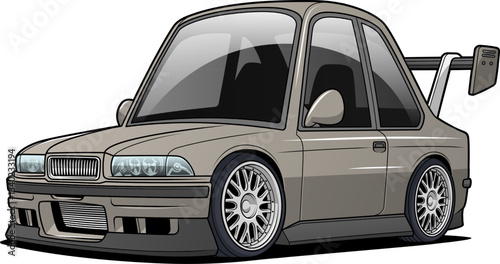 A sleek, modified car vector illustration with large alloy wheels, a bold rear spoiler, and tinted windows, showcasing a sporty and dynamic look