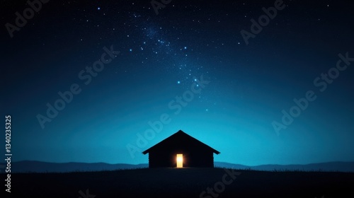 Serene Night Landscape with a Silhouetted House Under a Starlit Sky and Glowing Doorway Illuminating the Dark Surroundings
