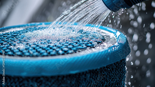 Close up of pool filter being rinsed under garden hose, water splashing