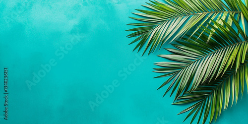 Tropical palm leaves creating border on vibrant turquoise background