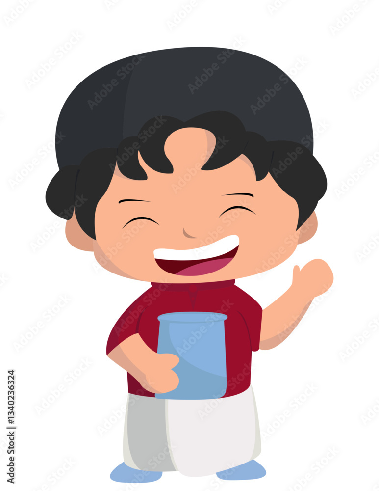 laki laki muslim mengunakan peci dan sarung sedang memegang toples laki laki muslim mengunakan peci dan sarung sedang memegang toples
