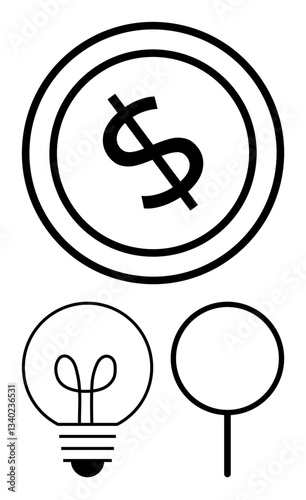 Coin with dollar sign, lightbulb, and magnifying glass representing finance, creativity, analysis. Ideal for business, research, innovation economy problem-solving brainstorming education. Flat