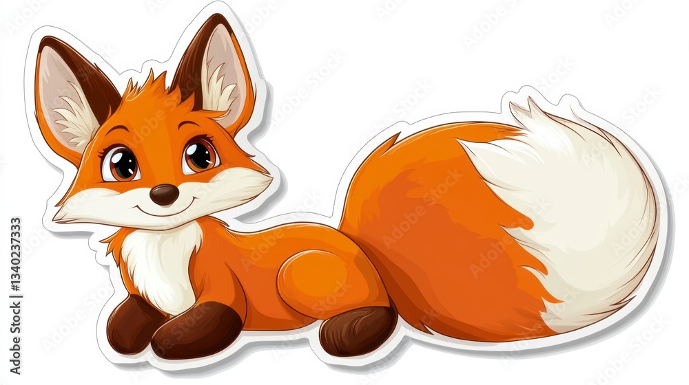Fototapeta premium Adorable cartoon fox with orange fur, fluffy tail, and big eyes, lying down on white background.