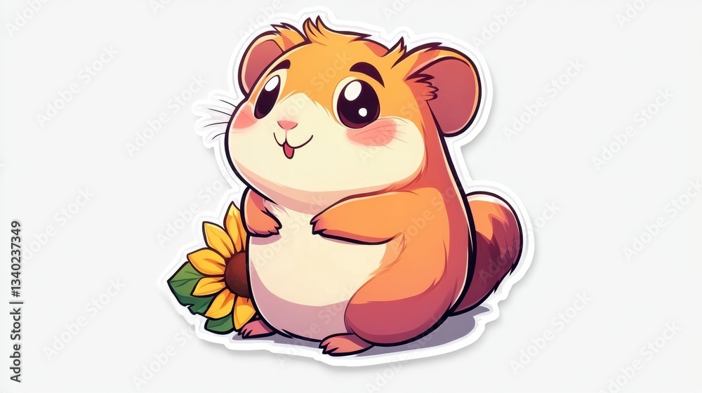 Fototapeta premium Adorable cartoon hamster with big eyes and rosy cheeks, holding a bright yellow sunflower. Pixel art style, lighthearted and cheerful illustration.