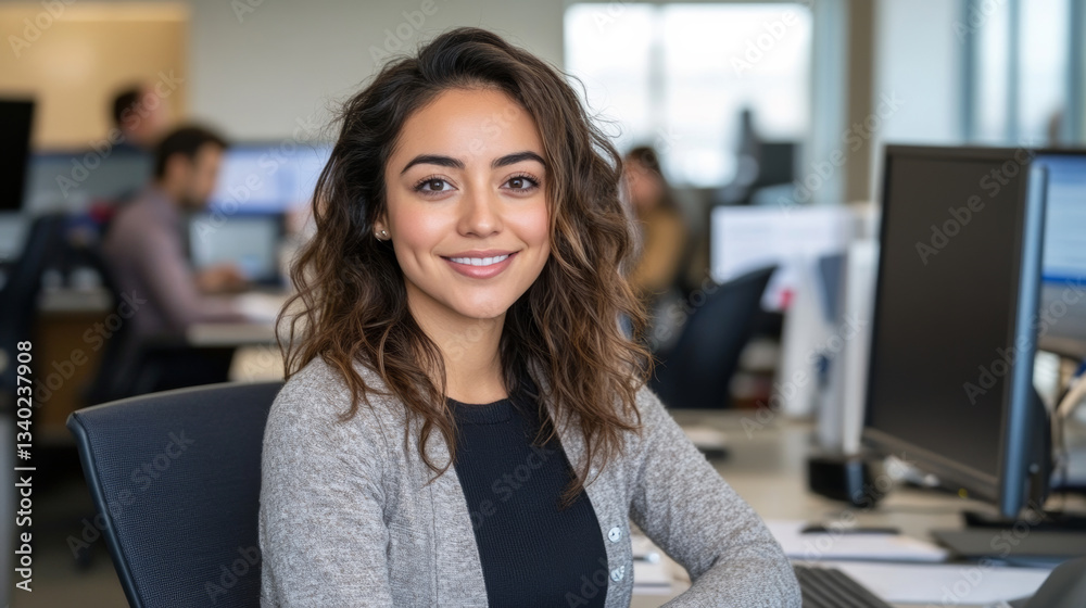 Obraz premium Smiling woman in office setting, professional atmosphere