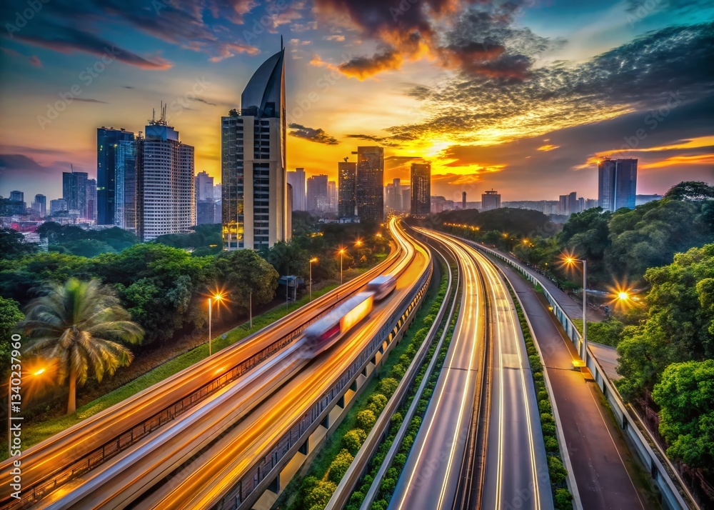 Fototapeta premium Jakarta Light Rail Transit Aerial Long Exposure Photography