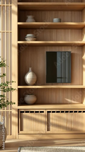 Modern interior showcasing wooden shelves with decorative vases and a television in a cozy living room setting