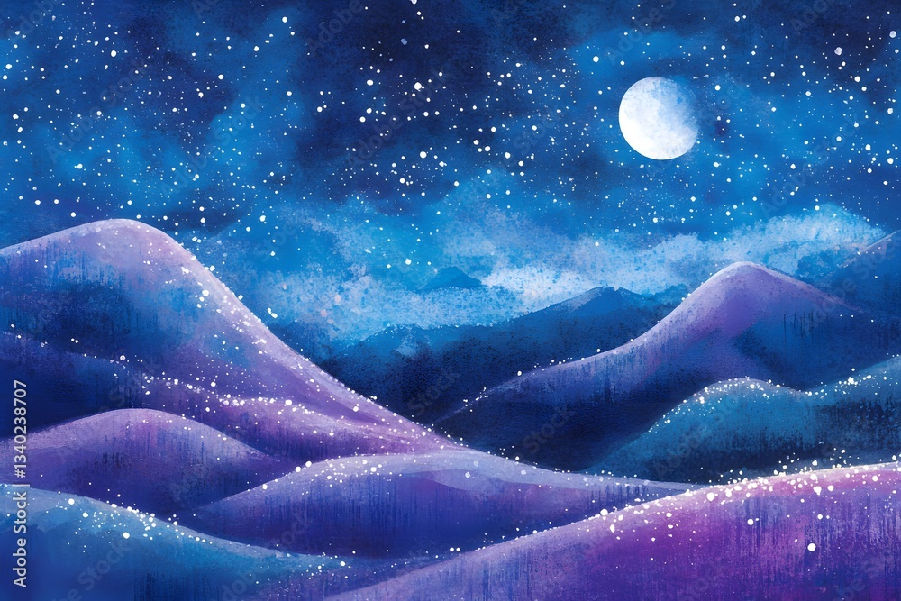 Fototapeta premium Magical Winter Night Snowy Mountains Full Moon Watercolor Landscape