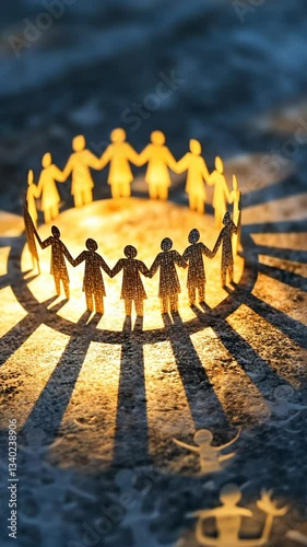 Circle of unity created with paper cutouts casting shadows during twilight