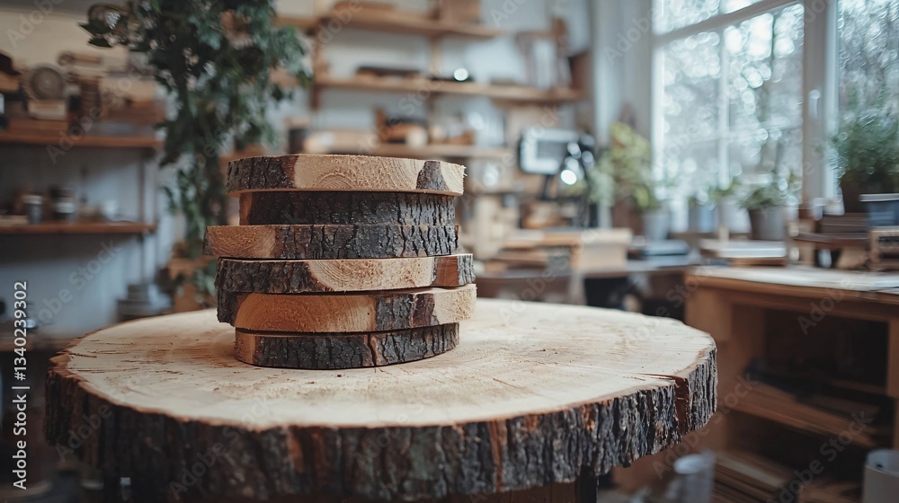 Obraz premium Crafting Wooden Art A Still Life Display in a Cozy Workshop with Natural Elements and Rustic Charm