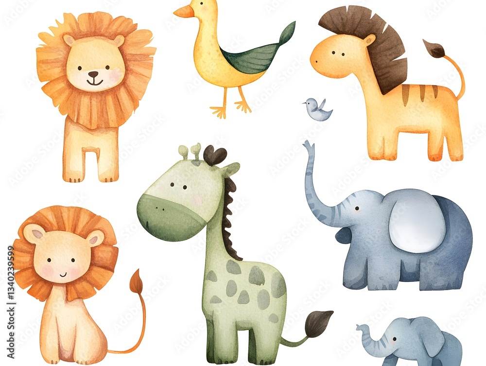 Naklejka premium Cute Watercolor Safari Animals Lion Giraffe Elephant Bird