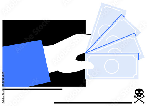 Hand offering banknotes, accompanied by skull and crossbones. Ideal for finance, economy, ethics, risk, crisis, corruption responsibility. Flat simple metaphor