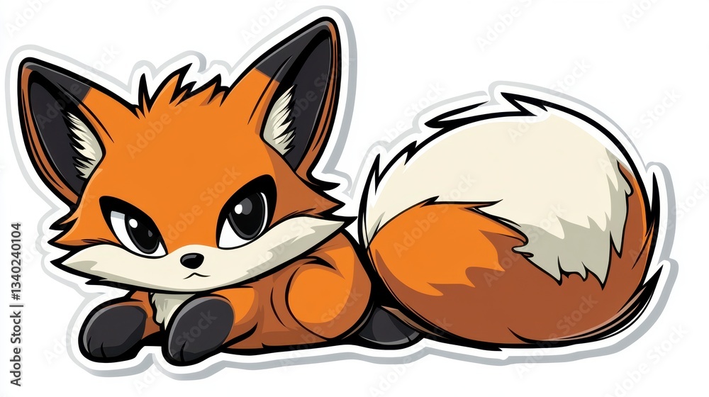 Fototapeta premium Cute cartoon fox with orange fur, large eyes, and a bushy tail, lying down on a white background. The style is pixel art with a slightly rough texture.