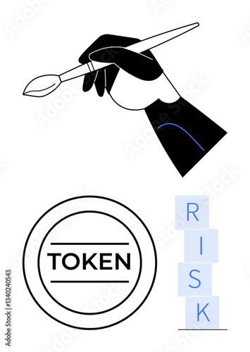 Hand with paintbrush symbolizes creativity, token represents value, risk blocks reflect uncertainty. Ideal for innovation, design, art, risk management, finance, strategy and concepts of creation