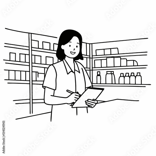 A pharmacy intern doing inventory in a drug store while smiling at the camera.
