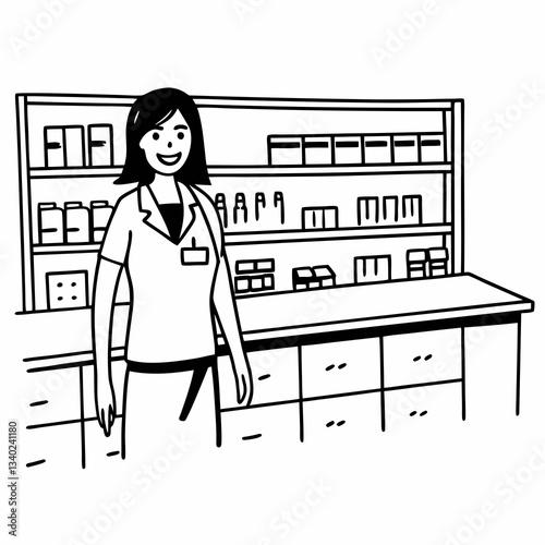 A pharmacy intern doing inventory in a drug store while smiling at the camera.
