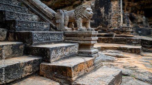 Ancient lion statue at temple steps historic site stone carving cultural heritage close-up view artistic expression