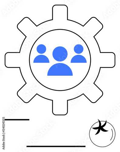 Blue group icons inside a gear symbolizing teamwork, collaboration, and productivity. Ideal for business, leadership, process management, human resources, communication, shared goals cooperation