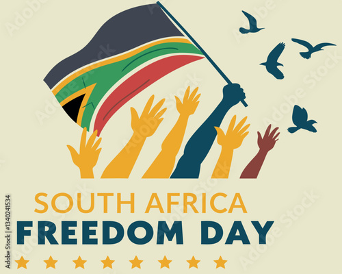 Celebrate South Africa Freedom Day: Waving Flag, Raised Hands, and a Bird Symbolizing Liberation and Unity