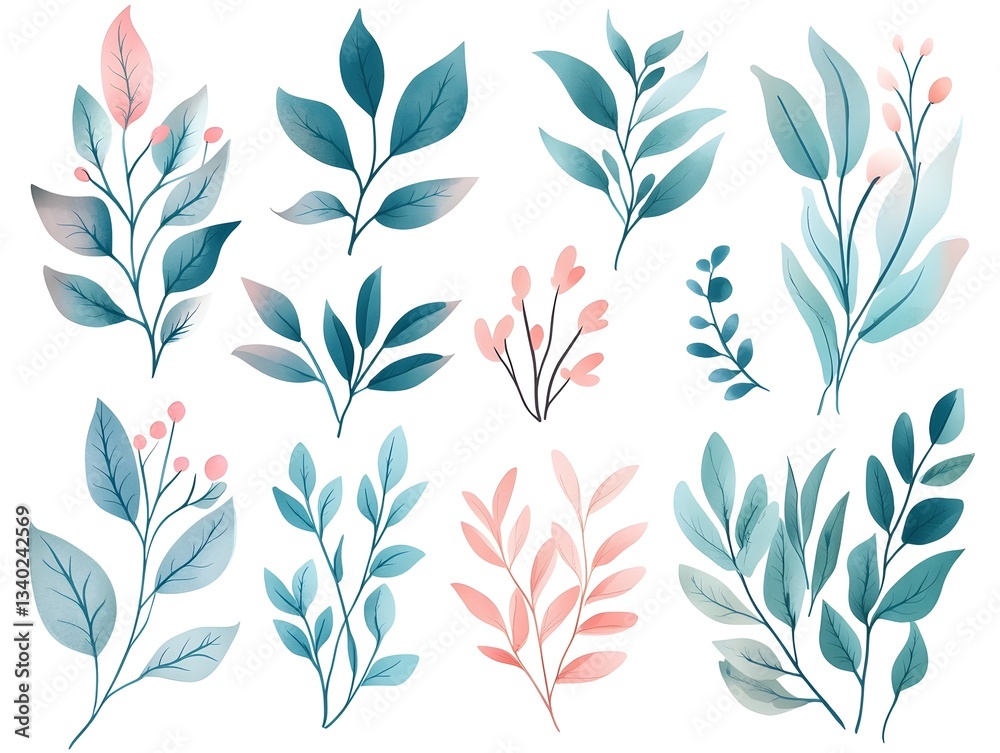 Fototapeta premium Watercolor Floral Elements Teal Pink Botanical Illustrations